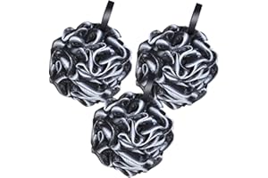 Yiclick Lot de 3 éponges de bain noires en forme de boule de luffa, en maille de charbon de bambou naturel, pour soins de la peau (Noir3)