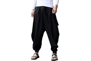 YAOHUOLE Men's Cotton Linen Trousers Baggy Casual Harem Pants Wide Leg Kidoriman Pants Drawstring Pirate Costume Hippie Clothes