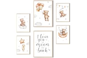 MeinBaby123® Lot de 6 posters pour chambre d'enfant,2xDIN A4 et 4xDIN A5,Tableau mural avec inscription,Décoration de chambre de bébé,Poster mural de qualité supérieure (ours et étoiles V2)
