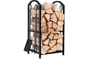 Elex Wrought Iron Firewood Rack 12 x 16 x 29.2 inches with 4 Fireplace Tools, Black, Steel, Firewood Storage Rack, Fireplace, Fire Pit