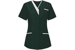 QZQZ Uniforme Médicale Blouse Femme Manche Courte Tunique Médicale Blouse Pas Cher Uniforme Médical Blouse Estheticienne Col V 2 Poches infirmière Femme Blouse Aide soigante Été Grande Taille