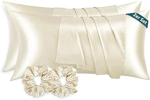 ‎RUIKASI RUIKASI Satin Kissenbezug 40 x 80 wie EIN Seidenkissenbezug mit 2 Haargummis - seidig Kopfkissenbezug 40x80 für Haar und Haut, Pflegeleichter als Seiden Kissenbezug Silk Pillow Case, Beige