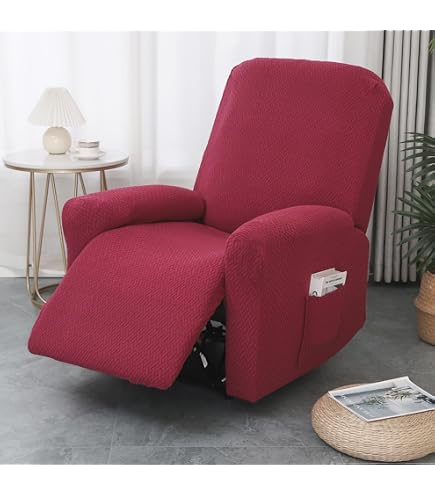 Housse De Fauteuil Inclinable En Velours Extensible - 4 Pièces - Antidérapante Avec Poche Latérale - Vin Rouge - Lavable