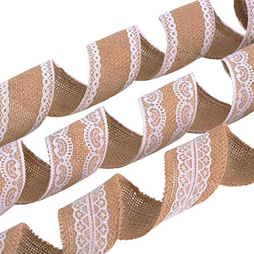 Schönes Leben* 6 Stück Natürliche Leinwand mit Weiß Spitze Juteband Lace Sackleinen Band Rolle für DIY Herstellung Hochzeit Handwerk Spitze Leinen, 78,7 Zoll pro Stück - 3