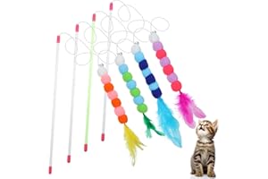 oruola 4pcs Cat Wand Toys for Indoor Cats, Cat Teaser Wand with Bells & Plush Balls, Interactive Cats Stick Toy Attachments