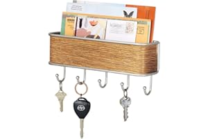 mDesign Nowoczesny organizer na listy - Metalowy stojak na listy z haczykami na klucze – Idealny organizer do przedpokoju – Uchwyt na klucze – Satyna/Teak
