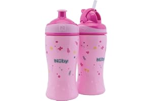 Nuby – 2-pack läckagesäkra dricksflaskor – Flip-it sugrörsflaska 360 ml popup-drickflaska för barn – BPA-fri – rosa – drickmugg 12 månader och 18 månader