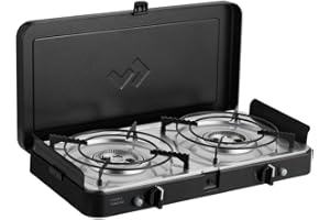 CADAC 2 Cook 3 Turbo Stove 30mBar – Réchaud à Gaz 2 Brûleurs avec Allumage Piézo & Sécurité FFD, Pour Intérieur/Extérieur, Supports & Sac Inclus – Barbecue de Table Noir