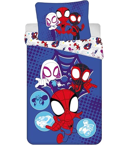 Spider-Man Juego de Cama Infantil 140x200 cm - Funda Nórdica y Funda de Almohada 70x90 cm - 100% Algodón Premium - Certificado Oeko-Tex - Diseño Marvel Hombre Araña Azul y Rojo