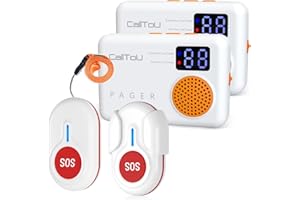 CallToU Caregiver Pager, kabelloser Rufknopf, 304 m Überwachungs-Rufklingel, medizinisches Alarmsystem mit digitaler Anzeige, Erinnerung bei niedrigem Akkustand, 2 tragbare Empfänger, 2 SOS-Ruftasten