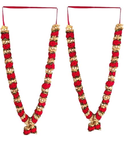 Set Di 4 Mala (Ghirlende) Artificiali Per Idoli – Fiori In Nastri Rosso/Arancione Con Perline Bianche, Decorazioni Pooja - 5