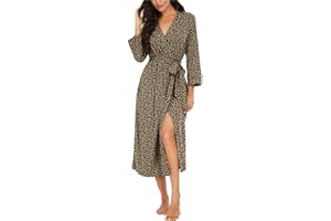 PrinStory Damen Bademantel Leichter 3/4 Ärmeln Morgenmantel V-Ausschnitt Kimono Roben Langes Nachtwäsche