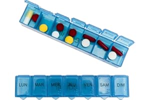 MEDIPILL - MED-S7-B Pilulier Semainier Français - UNE PIECE - 7 Jours / 7 Compartiments - Pilulier Hebdomadaire - Boîte à médicaments - Boîte à pilules cardio (Bleu)