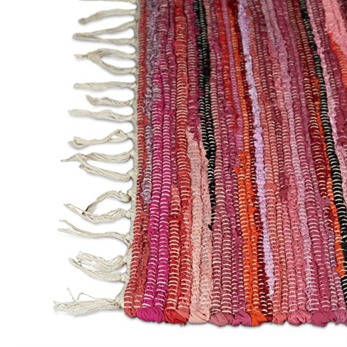 Relaxdays Flickenteppich 70 x 140 cm mit Fransen aus Polyester und Baumwolle, mehrfarbig, Fleckerlteppich, rot - 5
