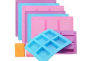 ZOENHOU Lot de 6 moules à savon rectangulaires en silicone à 6 cavités pour fabrication de savon, pain, loisirs créatifs, bleu, rose, violet