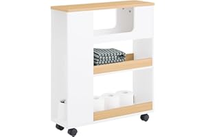 SoBuy Mueble Portarrollos de Papel Higiénico Mueble de Baño con Ruedas, Blanco y Natural, 60x20x71cm BZR190-WN ES