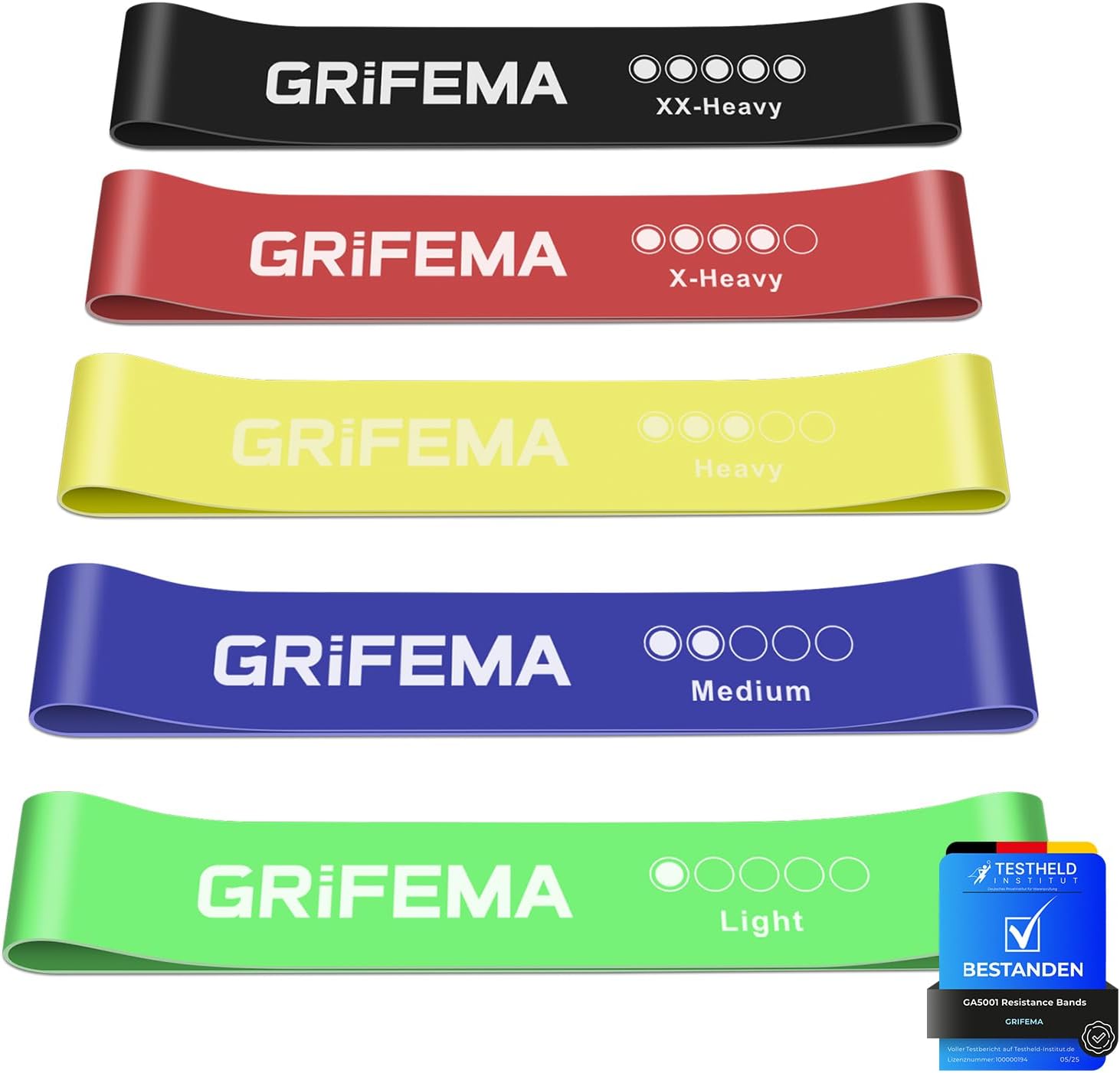 GRIFEMA GA5001 Gomas Elásticas Musculación, 5 Niveles de Resistencia, para Yoga, Entrenamientos de Fuerza y Pilates, con Guía de Entrenamiento y Bolsa de Almacenamiento