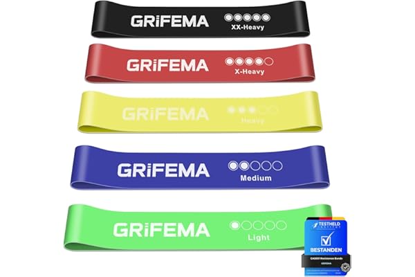 GRIFEMA GA5001 Gomas Elásticas Musculación, 5 Niveles de Resistencia, para Yoga, Entrenamientos de Fuerza y Pilates, con Guía de Entrenamiento y Bolsa de Almacenamiento