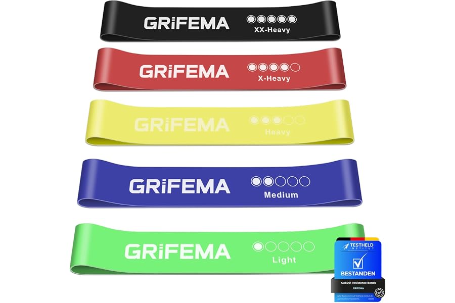 GRIFEMA GA5001 Gomas Elásticas Musculación, 5 Niveles de Resistencia, para Yoga, Entrenamientos de Fuerza y Pilates, con Guía