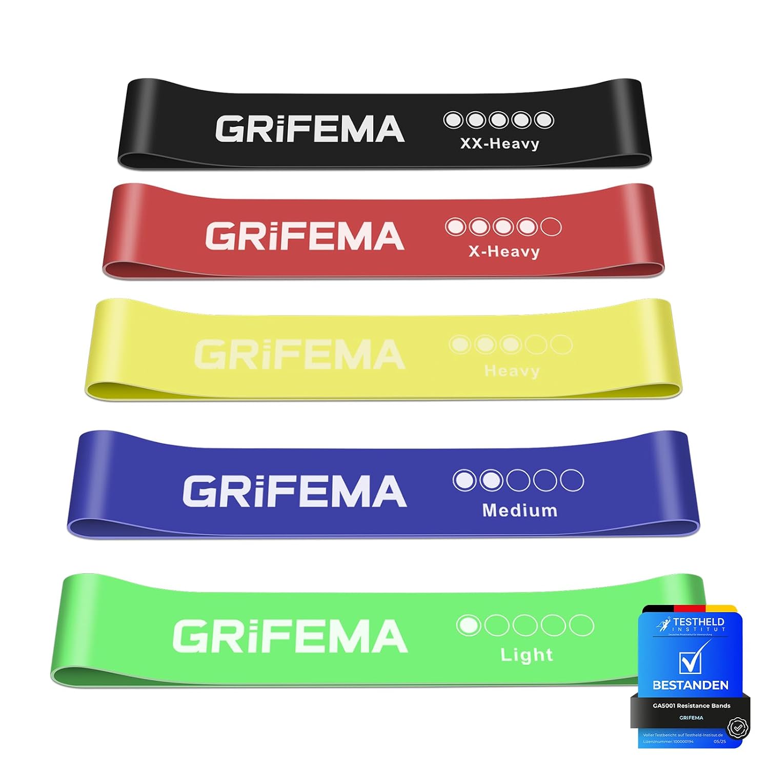 GRIFEMA GA5001 Gomas Elásticas Musculación 5 Niveles – Yoga, Pilates | Bolsa de Almacenamiento, Guía de Entrenamiento, Entrenamientos de Fuerza