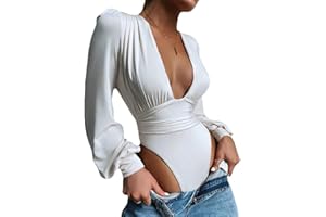 Onsoyours Body Vestir para Mujer V Profunda Mono Bodysuit Mangas Largas Sexy Elegante Fiesta Body Leotardo Body Stretch Bodycon Blusa