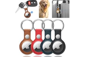 BAAZ 4 PACK Air Tag Case PU Leather Airtag Holder Compatible with Apple Tag Keyring Ch ain Airtag Keyring Protective Durable Lightweight for Keys, Bags, Luggage and Pet Collar (Black, Blue, Red, Brown)