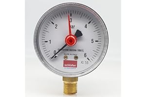 Schläfer 0930164 | Manometro Idraulico Verticale con Attacco Radiale 1/4" BSP, Scala 0-6 Bar, Diametro da 63mm, Ideale per Impianti Termici Aria e Acqua, Indicatore di Pressione