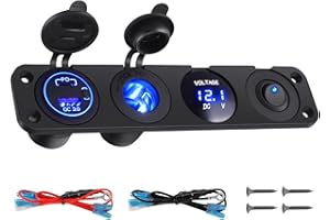 Thlevel Panel de Enchufes 4 en 1 Toma USB Coche Tipo C PD y QC3.0 Voltímetro de LED Encendedor de Cigarrillos Azul Interruptor para Marina Barco Camión
