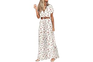 Zhsxertwy Boho Dresses for Women UK V Neck Short Sleeve Ladies Casual Long Beach Sundress with Belt Bohemian Floral High Waist Split Summer Maxi Dress Elegant