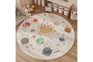 Poowe Solar System Kids Area Rug Educational Learning Carpet Fun Rug Children Area Rug for Playroom & Nursery (31.5" Round)