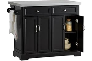 ‎SOBUY SoBuy FKW71-SCH Kücheninsel mit 4 versteckten Rollen Küchenwagen mit erweiterbarer Edelstahlarbeitsplatte Küchenschrank Servierwagen Holz schwarz BHT ca.: 115x92x46-71cm