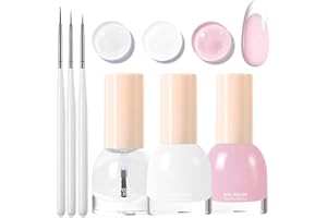 KAYZON French Manicure Nail Polish Kit, Quick Dry French Nail Varnish Set with Top Coat and 3Pcs Ultra Thin Nail Art Pen, Jelly Pink and White Nail Gel for Women Girls Nail Art at Home - No Need Bake