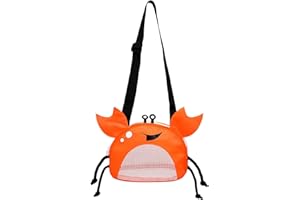 FAHOI Kids Beach Bag with Zipper, Portable Mesh Beach Bag with Adjustable Shoulder Straps, Lightweight Crab-Shaped Seashell Bag for Beach Toys, Holding Seashell