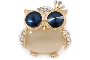 Avalaya Gold Plated Clear/Blue Crystal with Cat Eye Stone Owl Brooch - 35mm L