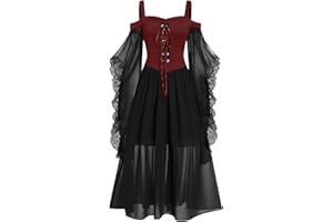 HAOLEI Halloween Dress Women Plus Size, Vintage Lace Renaissance Medieval Victorian Gothic Dress Cold Shoulder Flutter Sleeve Retro Steampunk Costume Rockabilly Goth 80s Dresses Ladies