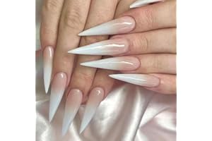 MouyouGlow Press on Nails Lang,Stiletto Nude Natürliche Gradient Weiß Fake Nails Kunstnägel mit Nagelkleber,Babyboomer White Ombre Künstliche Fingernägel
