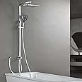 SonTiy Rainfall Shower Set, Square Swivelling Shower Riser Rail with Large Overhead Shower & Brass Diverter, Shower System Without Mixer, 3 Jet Types Handheld Shower, 5-Year Warranty, Chrome