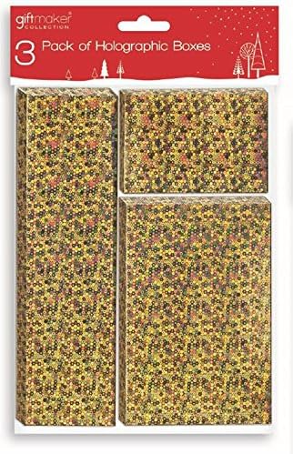 Giftmaker CollectionSet of 3 Assorted Holographic Christmas Gift Boxes - 3 Different Sizes - Gold
