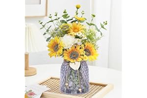 Silvotek Flores Artificiales Decoracion - Girasoles Artificiales con Jarrón de Cristal, Ramos de Flores Artificiales para Decoracion Habitacion y Decoracion Hogar Salon