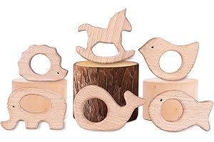 YoungRich 6 Pezzi Bambino Massaggiagengive In Legno Giocattoli Fai da te Dentizione Kit Pendente Di legno Riccio Elefante Uccello Delfino Pesce Cavallo Ciondolo Fatto a Mano Giocattoli Sensoriali