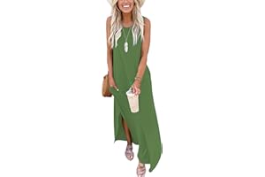 AUSELILY Vestito Donna Estivo Lungo Vestito Maxi Senza Maniche Vestito da Spiaggia Stampa Floreale Vestiti Casual Donna con Spacco Laterale e Tasche