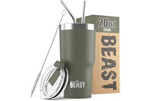 GREENS STEEL BEAST Mug Isotherme Cafe - 550ml I Vert armée I Acier Inoxydable I Réutilisable, Tasses Isothermes I 2 Pailles et Brosse Nettoyage I Thermos Cafés de Voyage Double Paroi I Café Chaud ou Glacé