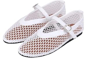 FIENZA Mesh Ballet Flats for Women, Fashion Comfortable Round Toe Fishnet Buckle Mary Jane Casual Ballerina Flats, Ladies Wide Width Casual Office Daily Dress Mary Jane Flats