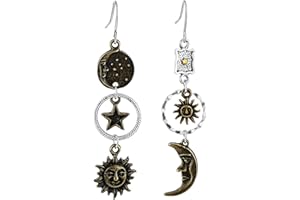 Mabor Sun Moon Star Dangle Earrings Bronze Gothic Star Earrings Asymmetrical Sun Moon Face Dangle Earrings for Women Vintage Statement Earrings for Masquerade Cosplay Party Jewelry