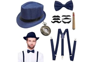 JORAKI Męskie fantazyjne akcesoria do kostiumu, mafia Gatsby, gangster, zestaw kostiumowy z panamskim kapeluszem gangstera, pończochą, sztuczne wąsy, vintage, zegarek kieszonkowy na bal absolwentów,