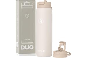Fuel24 Duo - Stainless Steel Water Bottle 700ml or 1L - Vacuum Insulated Metal Flask with Straw (Dual use Lid) 1 Litre - for Sports, Gym, Work – Slim Design (Sand, 1000 ml)