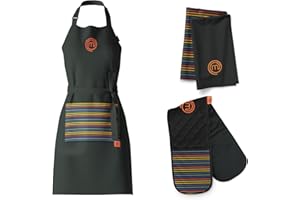 MasterChef Cotton Textiles Kitchen Gift Set, Includes Chef Apron, Double Oven Glove & Pack of 2 Tea Towels, All Items Feature Official Show Logo, Fully Machine Washable, Unisex, Vivid Collection