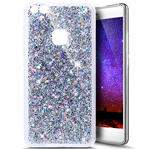 Huawei P10 Lite Hülle,Silikon Schutzhülle für Huawei P10 Lite,Huawei P10 Lite Bling Hülle,Ukayfe Luxus Schön Shiny Glänzend Glitzer Weiche TPU Abdeckung Crystal Silikon Tasche Schutzhülle Shinning Strass Rückseite Hülle Etui Cover für Huawei P10 Lite (Silber)