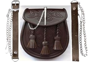 SHYNE KILTS U.K Kilt Escarcelle Celtique Ciselé Cuir Brun Loquet Broche Détail et Chaîne pour Kilts (Taille:Adulte)