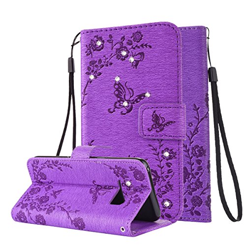 Samsung Galaxy S8 Hülle, Samsung Galaxy S8 Schutzhülle Leder Hülle,Alfort Bling Glitzer Glitter Prägung Flip Wallet Lederhülle Fashion Design Premium PU Leder Hohe Qualität Tasche Case Cover Kasten Abdeckung Wallet für Samsung Galaxy S8 5.8" Smartphone Funktion Standfunktion Unterstützte Telefone und Magnetverschluss mit Schmetterling ( Lila )